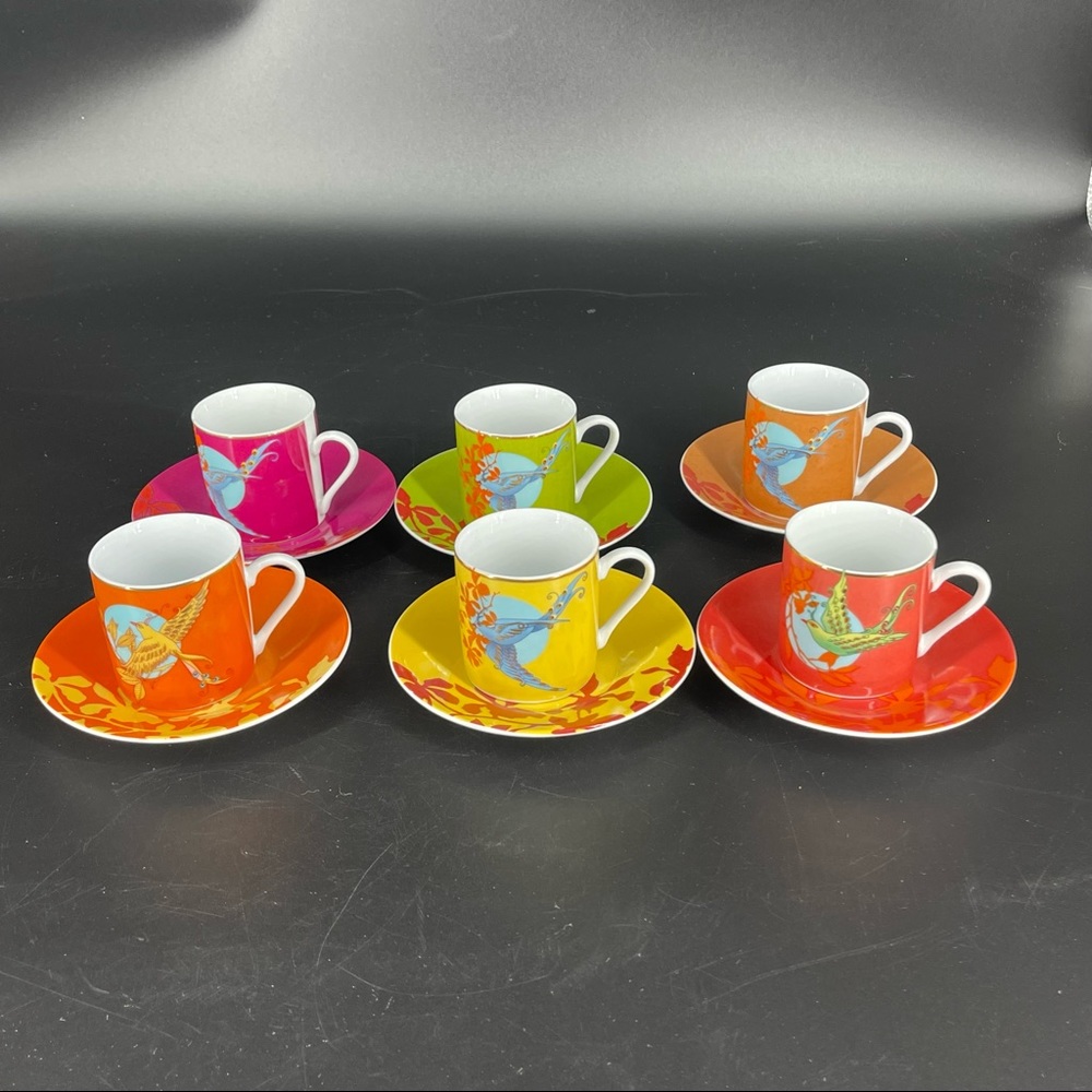 New ~ Colorful Bird Espresso Cup & Saucer Set of 6 by Classic Coffee & Tea